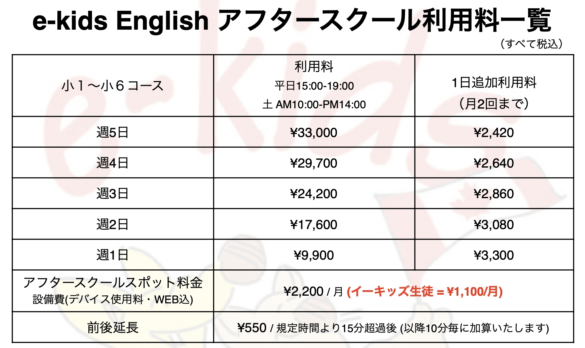 アフタースクール利用料